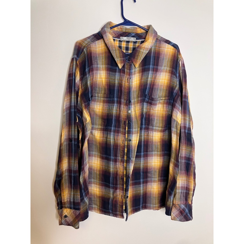 Lee Button Down Shirt Mens 3X Yellow Plaid Excellent Long Sleeve Cotton Flannel